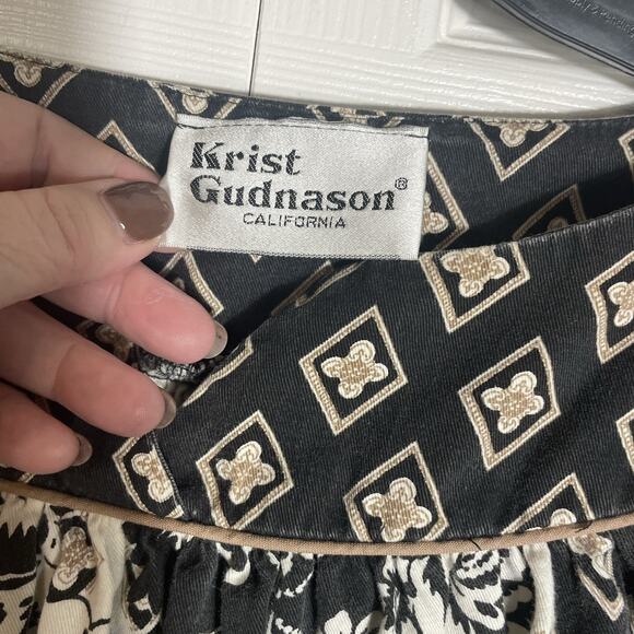 Vintage 70s Krist Gudnason California Dress Women Medium Black White Tan Floral - Picture 2 of 10